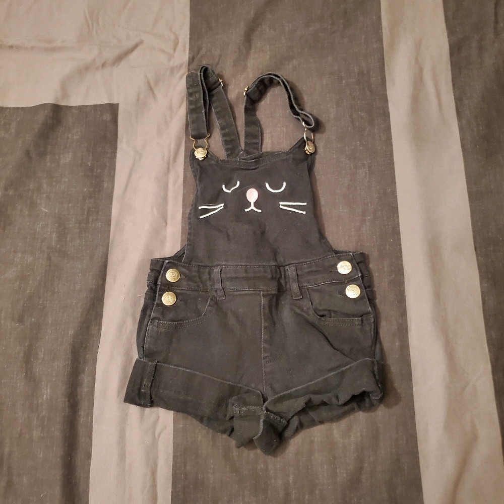 Kids Girls Cutie Patootie Size 7 Black Cat Cotton Overalls